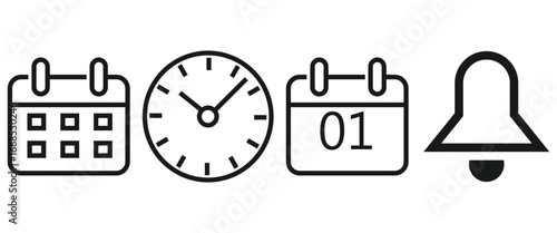 Minimal Black and White Glyph Icons of Time, Date, Calendar, Location and Notifications