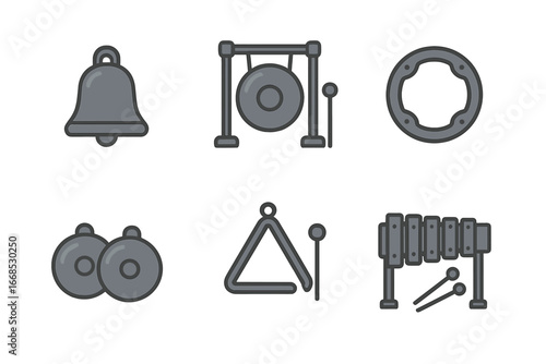 Cast Iron Instruments. Flat vector mini-illustrations cast iron musical instruments in colors children's illustrations: cast iron