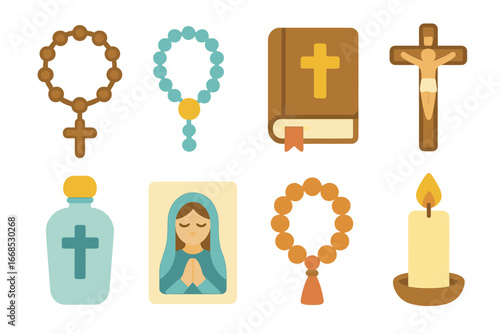 Catholic Prayer Tools. Flat vector mini-illustrations Catholic prayer tools in colors children's illustrations: rosary beads,