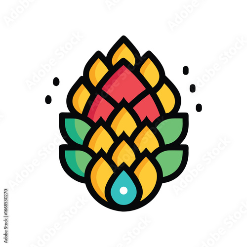 Vector art of stylized illustration of a hop cone with red, yellow, and green petals