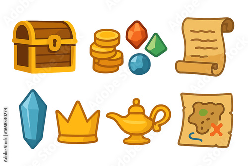 Cave Treasure Icons. Flat vector mini-illustrations cave treasures in colors children's illustrations: treasure chest, gold coins,