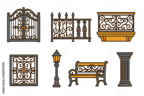 Cast Iron Elements. Flat vector mini-illustrations cast iron architectural elements in colors children's illustrations: cast iron