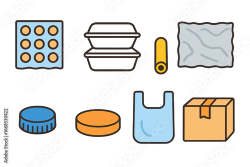 Child-Friendly Packaging Icons. Flat vector mini-illustrations non-biodegradable packaging in colors children's illustrations: