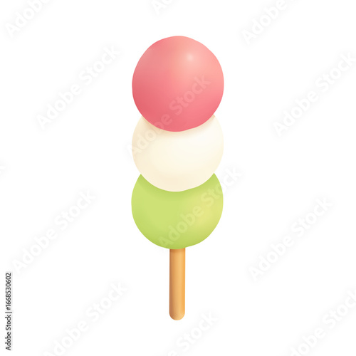 A close-up illustration of a three-tiered dango skewer with pink, white, and green mochi balls on a wooden stick.