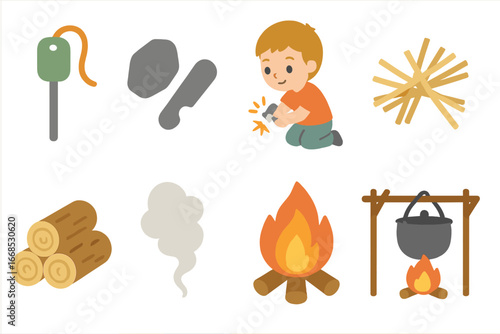 Children's Campfire Lesson. Flat vector mini-illustrations survival fire making in colors children's illustrations: fire starter,