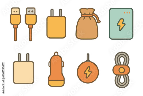 Children's Charging Accessories. Flat vector mini-illustrations power bank accessories in colors children's illustrations: USB