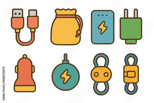 Children's Charging Accessories. Flat vector mini-illustrations power bank accessories in colors children's illustrations: USB
