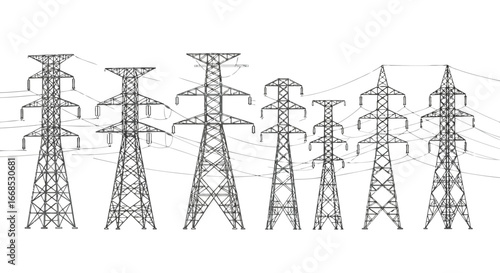Vector illustration of collection of power line pylons