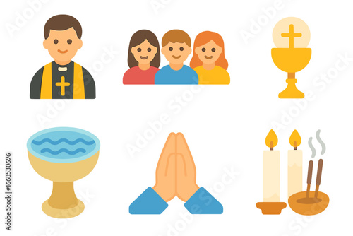 Children's Church Icons. Flat vector mini-illustrations church services in colors children's illustrations: priest, congregation,