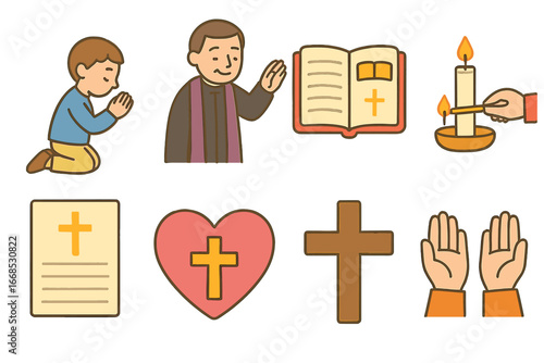 Children's Confession Icons. Flat vector mini-illustrations confession rituals in colors children's illustrations: kneeling