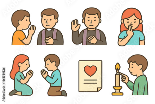 Children's Confession Icons. Flat vector mini-illustrations confession acts in colors children's illustrations: confession speech,