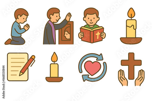 Children's Confession Icons. Flat vector mini-illustrations confession rituals in colors children's illustrations: kneeling