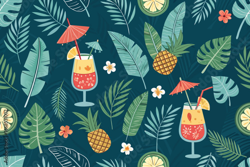 Featuring Seamless Tiki Bar With Cocktails And Exoti Elegant Premium Digital Asset