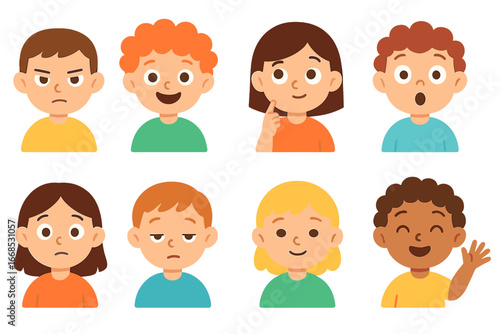 Children's Emotion Icons Grid. Flat vector mini-illustrations editing emotions in colors children's illustrations: focused face,