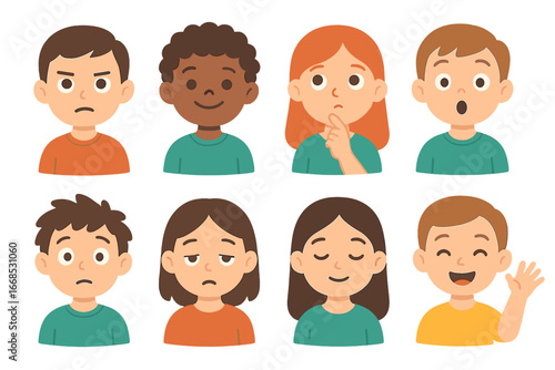 Children's Emotion Icons Grid. Flat vector mini-illustrations editing emotions in colors children's illustrations: focused face,