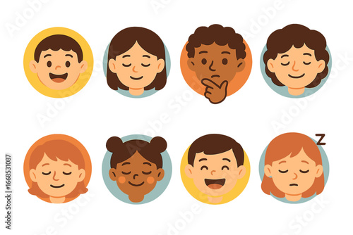 Children's Emotive Icons. Flat vector mini-illustrations book ending emotions in colors children's illustrations: happy face, calm
