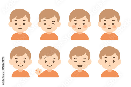 Children's Expression Icons. Flat vector mini-illustrations subtle expressions in colors children's illustrations: soft smile,