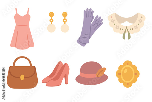 Children's Fashion Icons. Flat vector mini-illustrations refined fashion in colors children's illustrations: silk dress, pearl