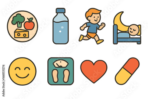 Children's Health Icons. Flat vector mini-illustrations metabolic health in colors children's illustrations: balanced diet, water