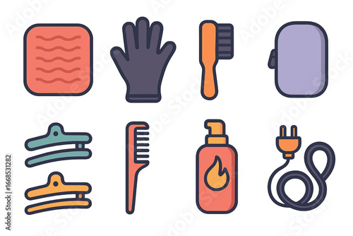 Children's Hair Care Icons. Flat vector mini-illustrations flat iron accessories in colors children's illustrations: heat mat,