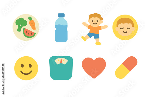 Children's Health Icons. Flat vector mini-illustrations metabolic health in colors children's illustrations: balanced diet, water
