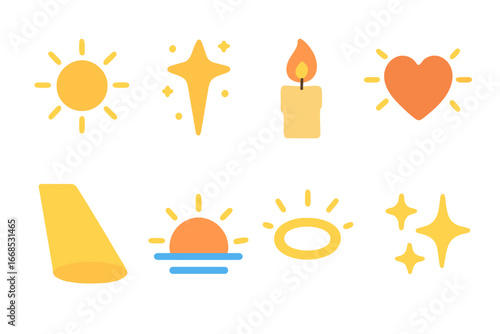 Children's Light Icons. Flat vector mini-illustrations psalm light and hope in colors children's illustrations: sun rays, shining
