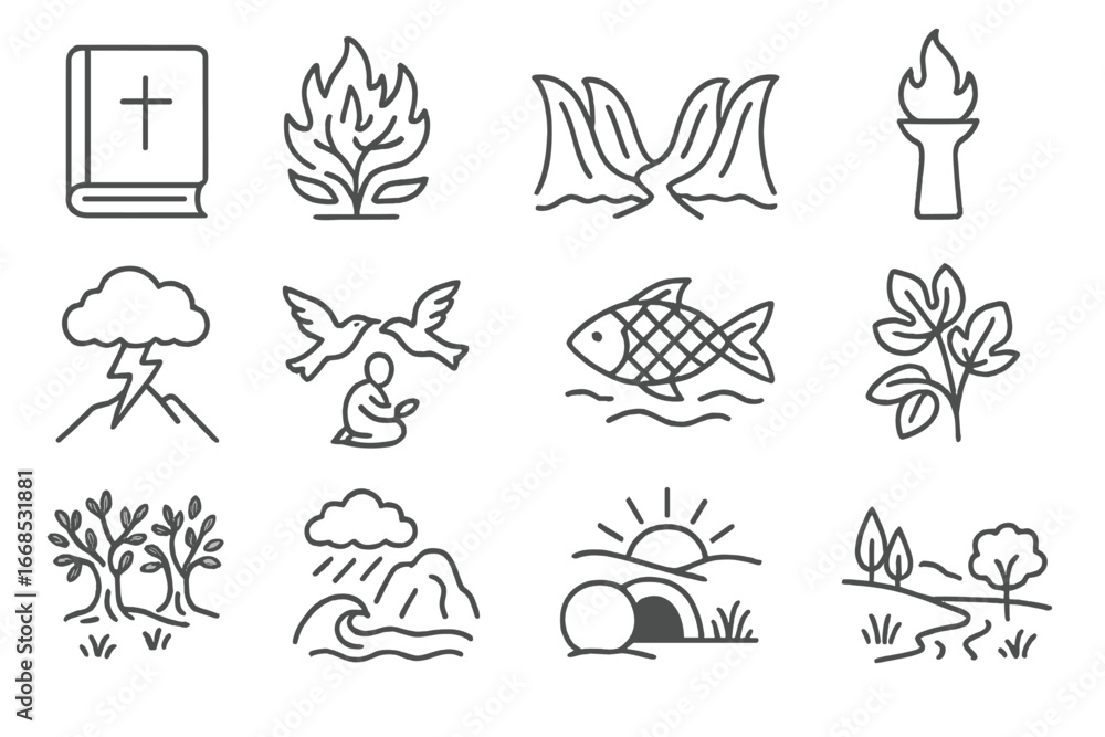 Fototapeta premium Biblical Nature Icons. Line style icons of Bible and nature: burning bush, parted sea, pillar of fire, thundercloud over Sinai,