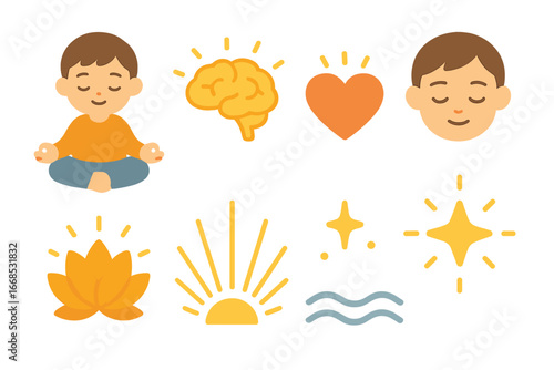 Children's Mindfulness Icons. Flat vector mini-illustrations Inner soul in colors children's illustrations: meditating child,