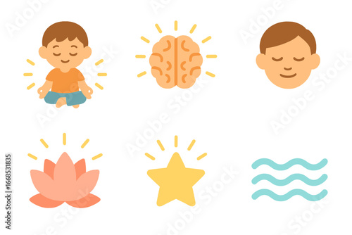 Children's Mindfulness Icons. Flat vector mini-illustrations Inner soul in colors children's illustrations: meditating child,