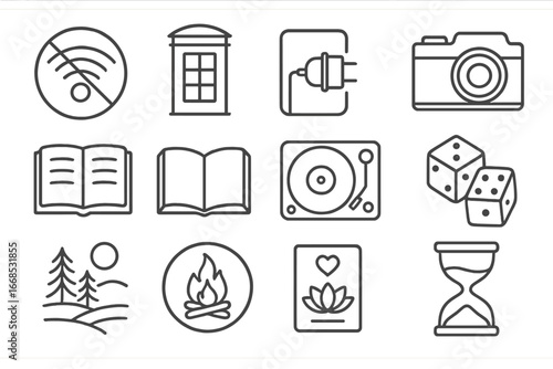 Digital-Free Glamping Icons. Line style icons of digital-free glamping: no-wifi zone sign, phone box icon, unplug card set, analog