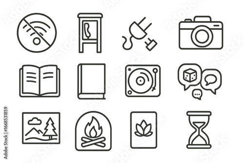Digital-Free Glamping Icons. Line style icons of digital-free glamping: no-wifi zone sign, phone box icon, unplug card set, analog