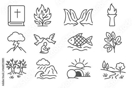 Biblical Nature Icons. Line style icons of Bible and nature: burning bush, parted sea, pillar of fire, thundercloud over Sinai,
