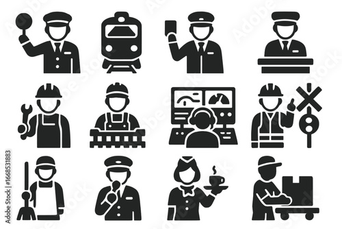 Train Occupation Icons. Solid style icons of train occupations: train conductor, train engineer, ticket inspector, station manager