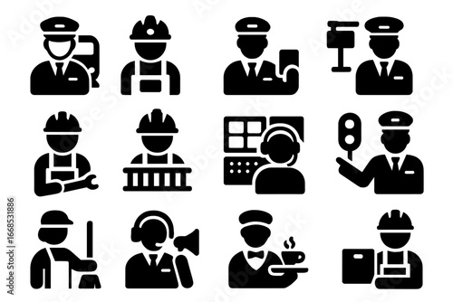 Train Occupation Icons. Solid style icons of train occupations: train conductor, train engineer, ticket inspector, station manager