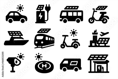 Icons of Solar Transport. Solid style icons of solar in transport: solar-powered car, solar charging EV station, solar panel on