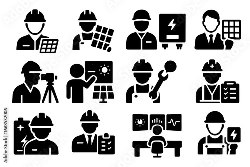 Solar Industry Professionals. Solid style icons of solar industry professionals: solar engineer, panel installer, inverter