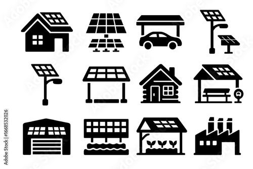 Solar Energy Icons. Solid style icons of solar installations: house with panels, solar farm, solar carport, solar-powered