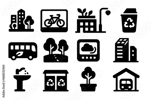 Eco-Friendly Urban Icons. Solid style icons of urban environment care: green cityscape, bike lane icon, rooftop garden, recycling