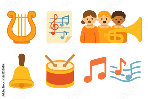 Children's Music Icons. Flat vector mini-illustrations psalm music in colors children's illustrations: lyre, sheet music, choir,