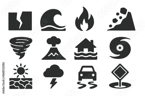 Natural Disaster Icons. Solid style icons of natural disasters: earthquake crack, tsunami wave, wildfire flame, landslide hill,