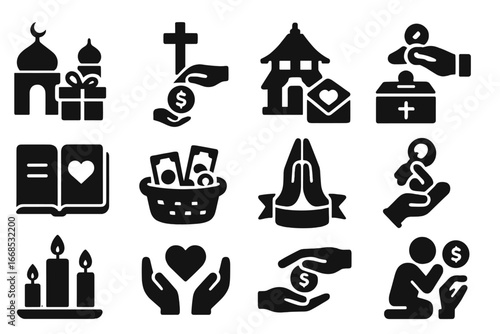 Faith-Based Donation Icons. Solid style icons of faith-based donations: mosque with gift icon, cross with donation box, temple