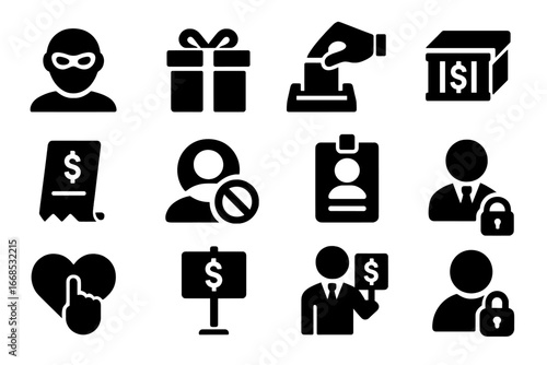 Anonymous Donation Icons. Solid style icons of anonymous donations: masked donor icon, anonymous gift box, plain envelope drop,