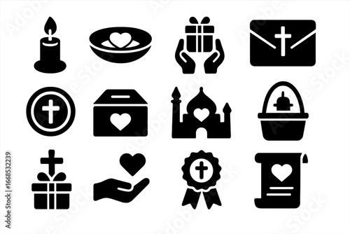 Spiritual Donation Icons. Solid style icons of spiritual and religious donations: donation candle, offering plate with heart,