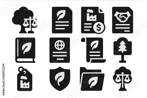 Environmental Law Icons. Solid style icons of environmental law: tree with legal scale, environmental regulation paper, pollution