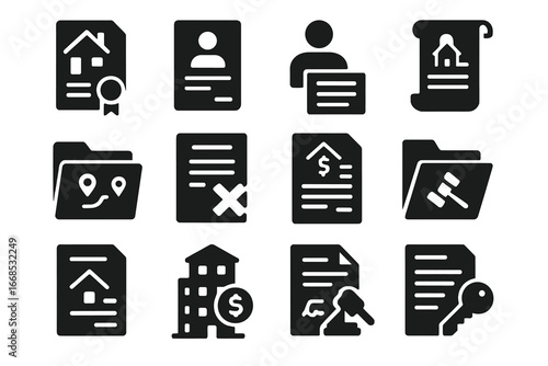 Real Estate Law Icons. Solid style icons of real estate law: house contract icon, deed document, tenant lease paper, property law