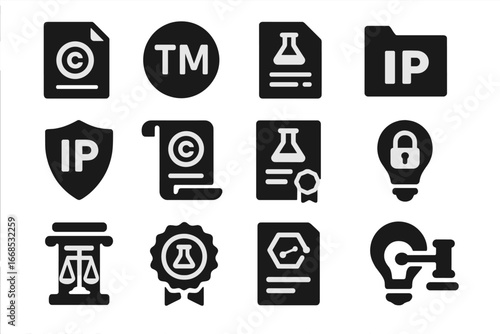 Intellectual Property Icons. Solid style icons of intellectual property law: copyright paper, trademark badge, patent file icon,