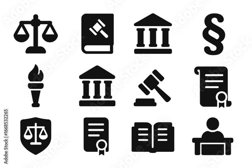 Law Symbol Icons. Solid style icons of law symbols: balanced scales of justice, law book with gavel, courthouse icon, paragraph
