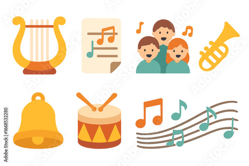 Children's Music Icons. Flat vector mini-illustrations psalm music in colors children's illustrations: lyre, sheet music, choir,