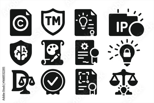 Intellectual Property Icons. Solid style icons of intellectual property law: copyright paper, trademark badge, patent file icon,