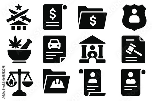 Specialized Court Icons. Solid style icons of specialized courts: military court icon, tax court scroll, bankruptcy court file,